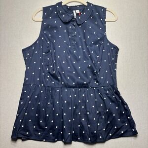 New ELLE Navy Polka Dot Peplum Sleeveless Button Front Ruffle Shirt Top L